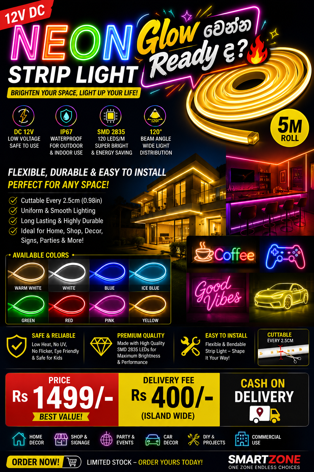 12V DC Neon Strip Light (5m) – Flexible LED Decor Light