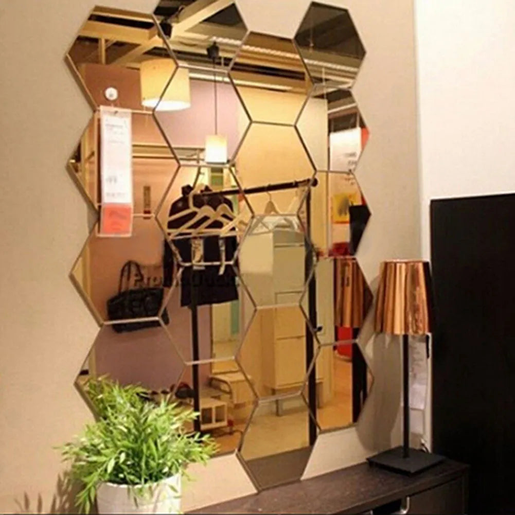 Hexagon Mirror Wall Stickers – Acrylic Decorative Wall Mirror (12-Piece Set)